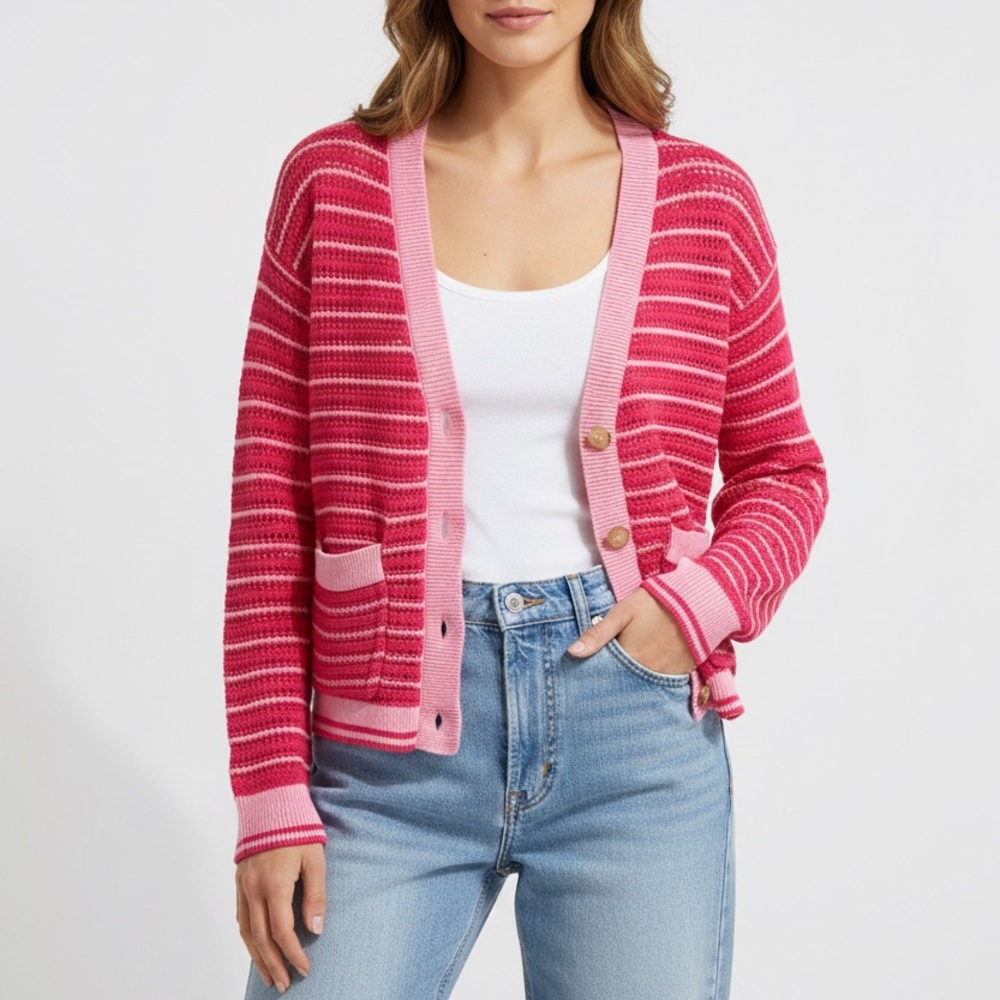 Beach Riot Gene Open Knit Cotton Cardigan Pink Stripe size XS - Picture 2 of 6